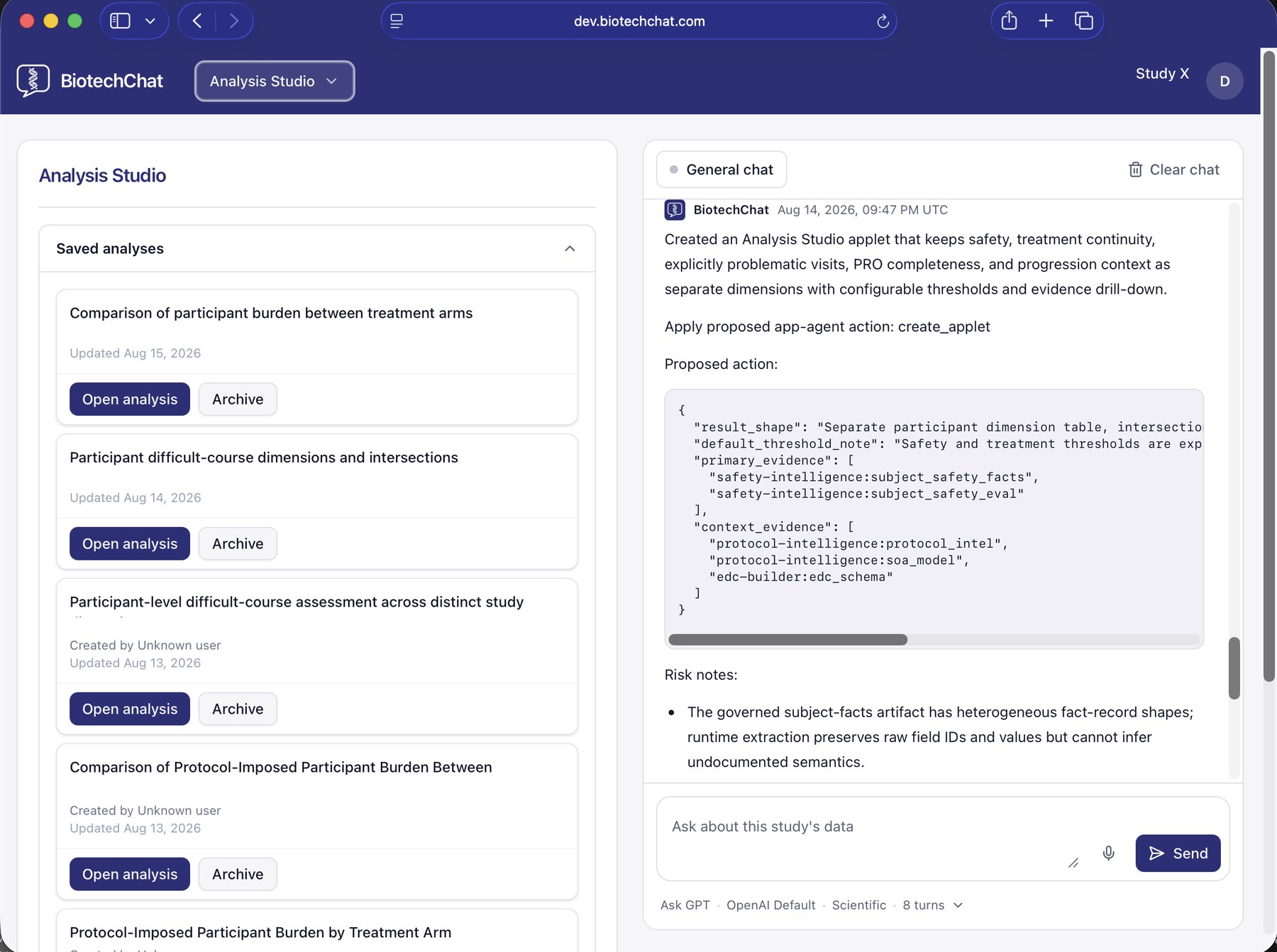Analysis Studio: saved analyses on the left, an evidence-bounded response on the right.