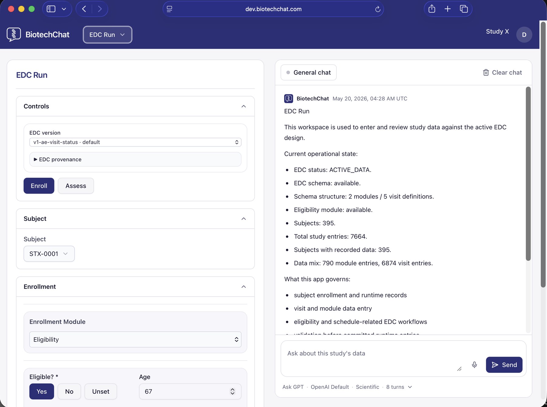 The EDC run screen: subject enrolment, eligibility module, and the governed operational state alongside.